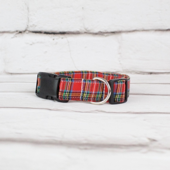 Other - Red Plaid Dog Collar with Bow Adjustable Size